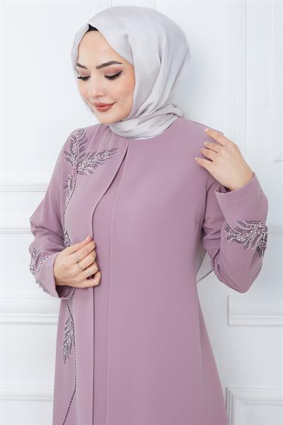 Büyük Beden Yaprak Taşlı Anne Elbisesi Pembe HM2350