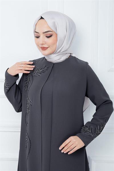 Büyük Beden Yaprak Taşlı Anne Elbisesi Füme HM2350