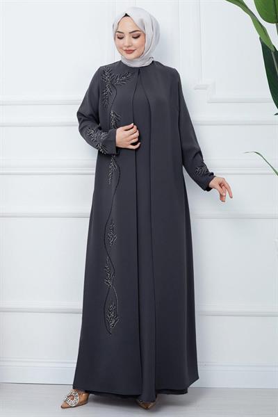 Büyük Beden Yaprak Taşlı Anne Elbisesi Füme HM2350