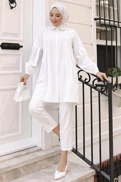 Büzgü Detaylı Balon Kol Gömlek Beyaz HM2763