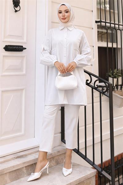 Büzgü Detaylı Balon Kol Gömlek Beyaz HM2763