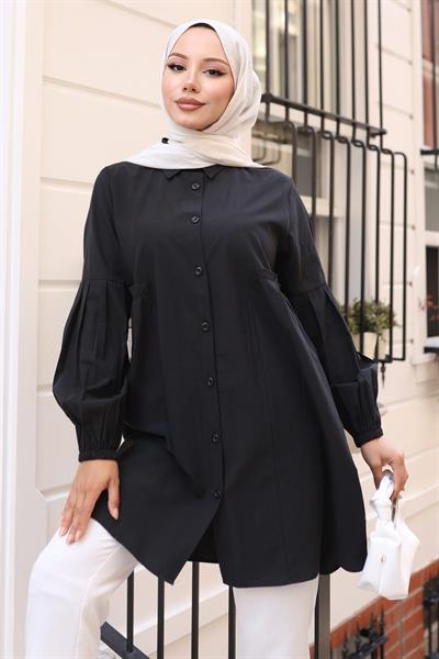 Büzgü Detaylı Balon Kol Gömlek Siyah HM2763