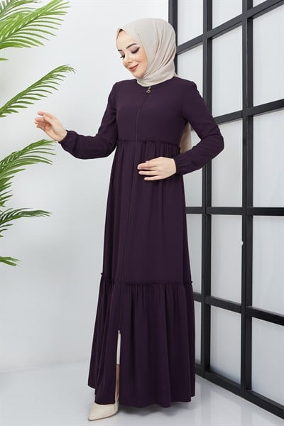 Büzgü Detaylı Mürdüm Ferace 