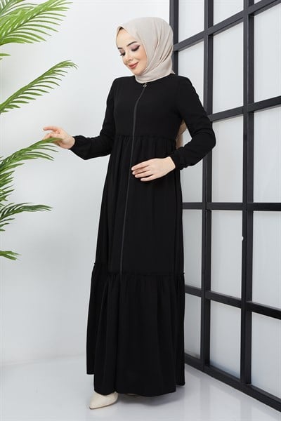 Büzgü Detaylı Siyah Ferace 