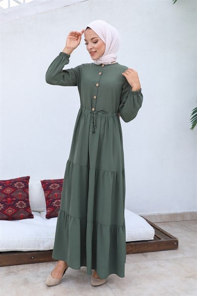 Büzgülü Düğmeli Aerobin Elbise Haki
