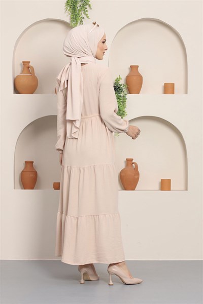 Büzgülü Düğmeli Aerobin Elbise Krem