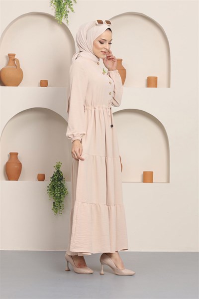 Büzgülü Düğmeli Aerobin Elbise Krem