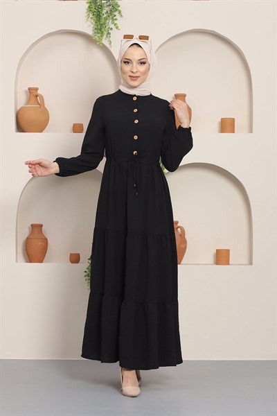 Büzgülü Düğmeli Aerobin Elbise Siyah HM8811