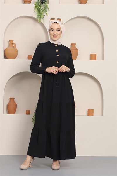 Büzgülü Düğmeli Aerobin Elbise Siyah HM8811