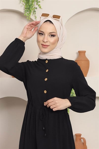 Büzgülü Düğmeli Aerobin Elbise Siyah HM8811