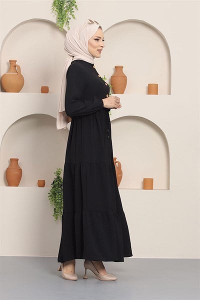 Büzgülü Düğmeli Aerobin Elbise Siyah HM8811