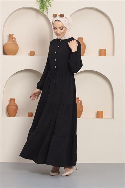 Büzgülü Düğmeli Aerobin Elbise Siyah HM8811