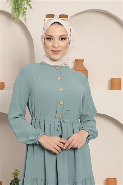Büzgülü Düğmeli Aerobin Elbise Yeşil