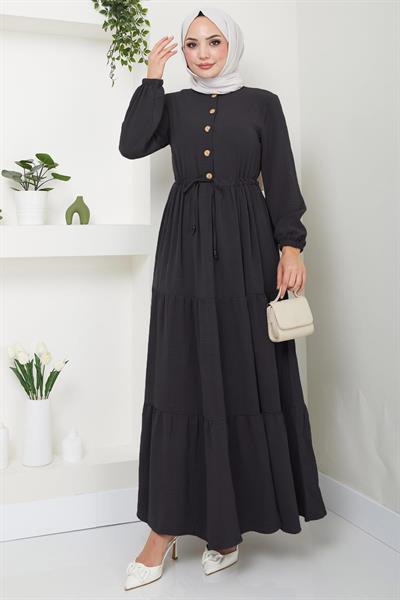 Büzgülü Düğmeli Ayrobin Elbise Antrasit HM8811