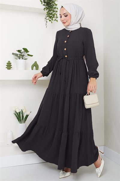 Büzgülü Düğmeli Ayrobin Elbise Antrasit HM8811