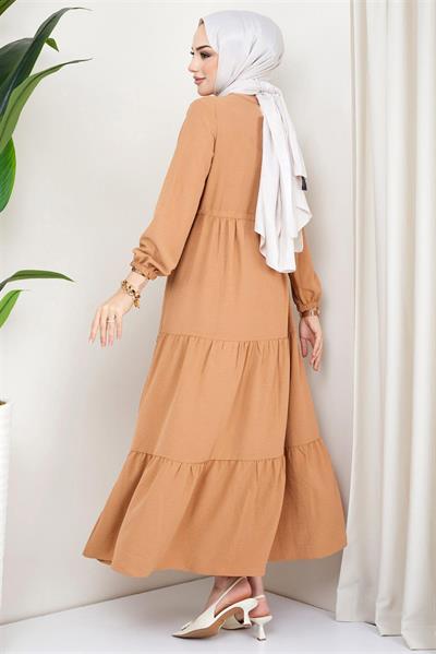 Büzgülü Düğmeli Ayrobin Elbise Camel