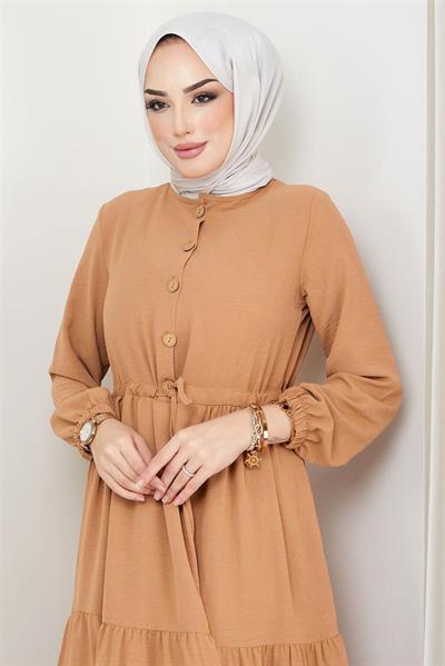 Büzgülü Düğmeli Ayrobin Elbise Camel