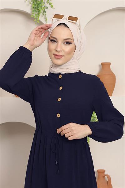 Büzgülü Düğmeli Ayrobin Elbise Lacivert