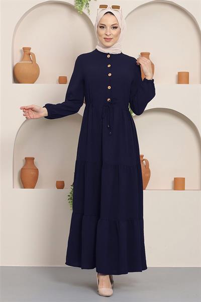 Büzgülü Düğmeli Ayrobin Elbise Lacivert