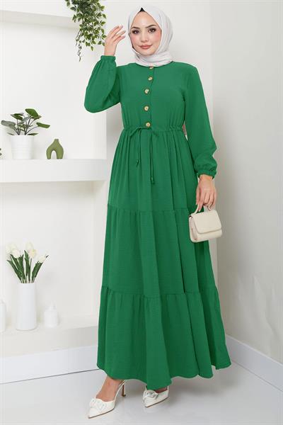 Büzgülü Düğmeli Ayrobin Elbise Su Yeşili HM8811