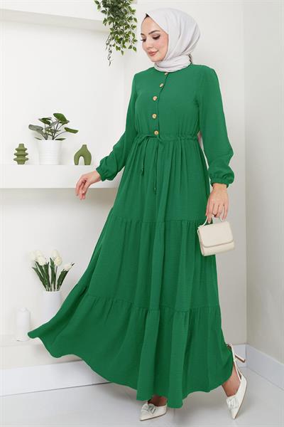 Büzgülü Düğmeli Ayrobin Elbise Su Yeşili HM8811