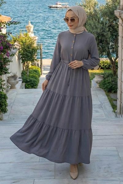 Büzgülü Düğmeli Bağcıklı Ayrobin Elbise Gri HM268811
