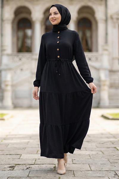 Büzgülü Düğmeli Bağcıklı Ayrobin Elbise Siyah HM268811