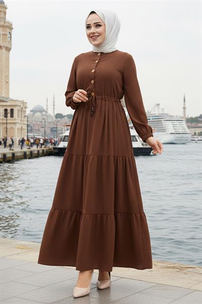 Büzgülü Düğmeli Bağcıklı Ayrobin Elbise Kahverengi HM268811