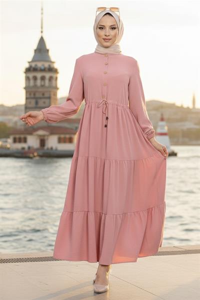 Büzgülü Düğmeli Bağcıklı Ayrobin Elbise Pembe HM268811