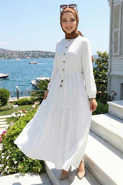 Büzgülü Düğmeli Bağcıklı Ayrobin Elbise Beyaz HM268811