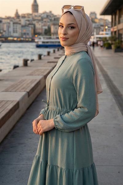 Büzgülü Düğmeli Bağcıklı Ayrobin Elbise Mint HM268811