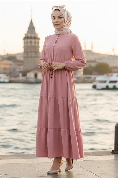 Büzgülü Düğmeli Bağcıklı Ayrobin Elbise Pembe HM268811
