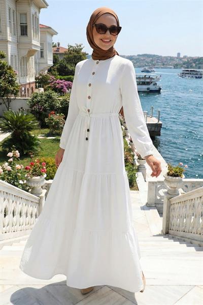 Büzgülü Düğmeli Bağcıklı Ayrobin Elbise Beyaz HM268811