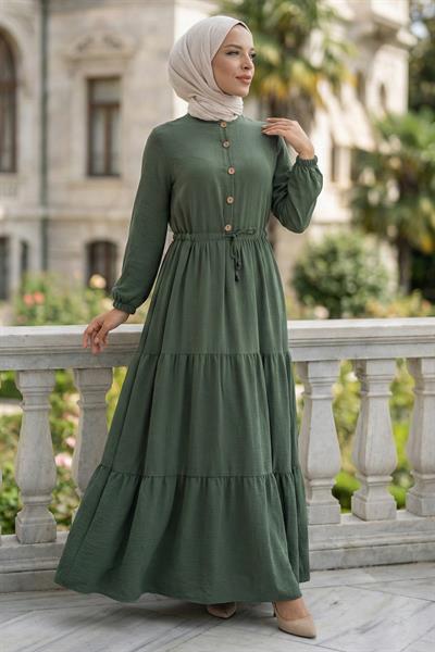 Büzgülü Düğmeli Bağcıklı Ayrobin Elbise Haki HM268811