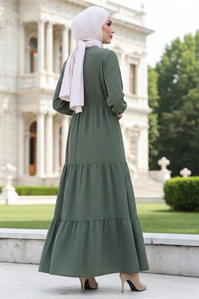 Büzgülü Düğmeli Bağcıklı Ayrobin Elbise Haki HM268811
