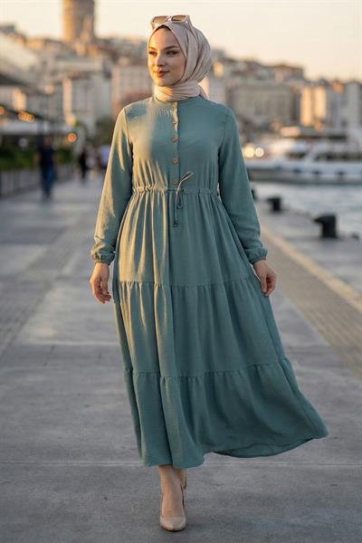 Büzgülü Düğmeli Bağcıklı Ayrobin Elbise Mint HM268811