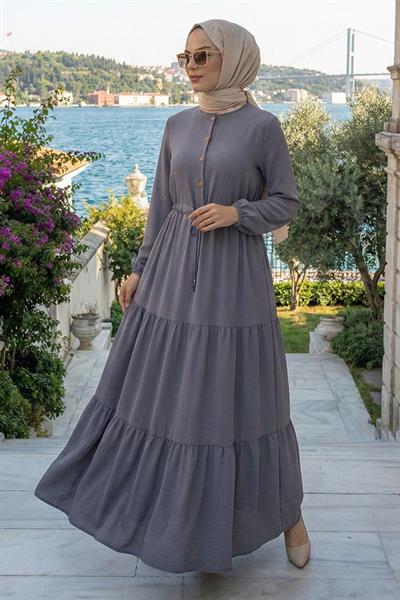 Büzgülü Düğmeli Bağcıklı Ayrobin Elbise Gri HM268811