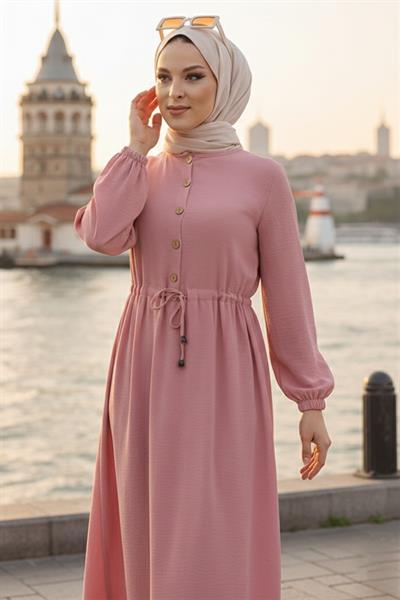 Büzgülü Düğmeli Bağcıklı Ayrobin Elbise Pembe HM268811