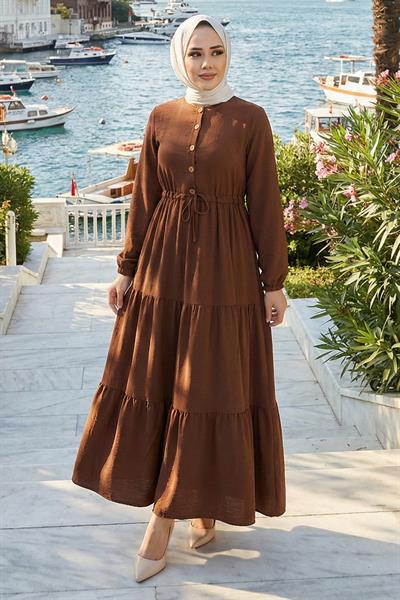 Büzgülü Düğmeli Bağcıklı Ayrobin Elbise Kahverengi HM268811