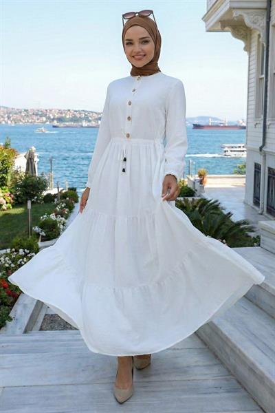 Büzgülü Düğmeli Bağcıklı Ayrobin Elbise Beyaz HM268811