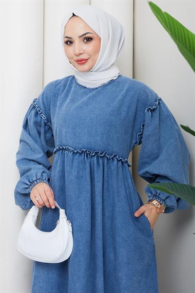 Büzgülü Kot Elbise Açık Mavi HM2895