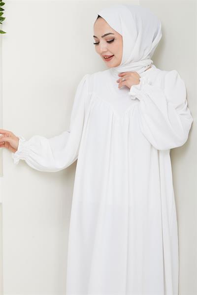 Büzgülü Robalı Elbise Beyaz HM2501