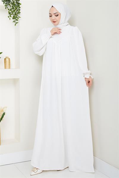 Büzgülü Robalı Elbise Beyaz HM2501