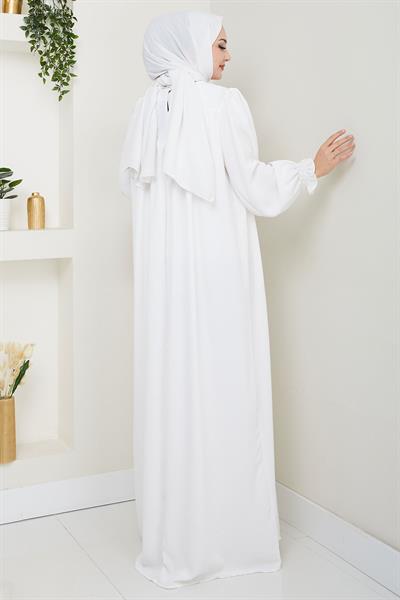 Büzgülü Robalı Elbise Beyaz HM2501