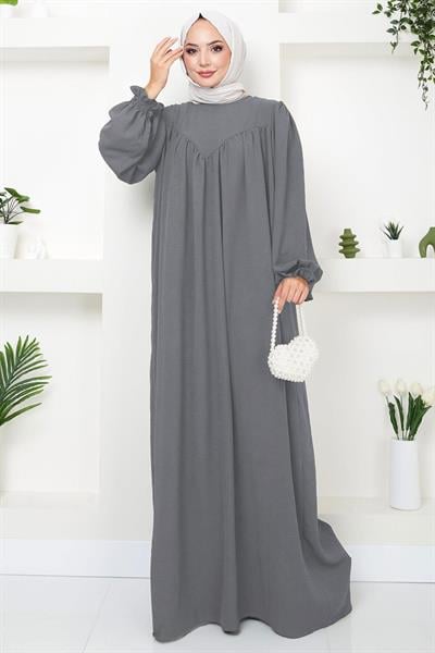 Büzgülü Robalı Elbise Gri HM2501