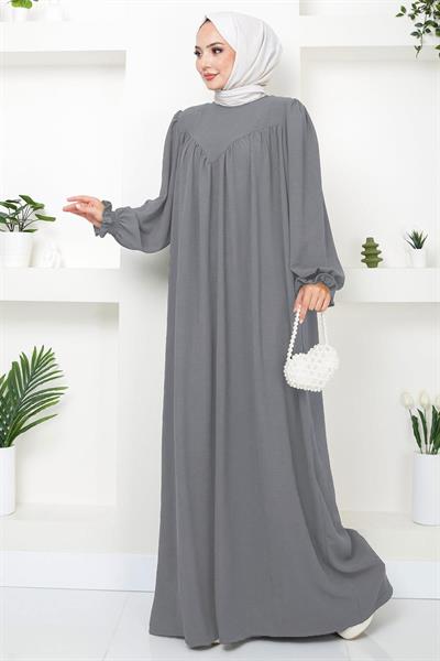 Büzgülü Robalı Elbise Gri HM2501