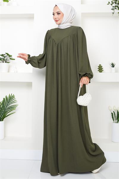 Büzgülü Robalı Elbise Haki HM2501