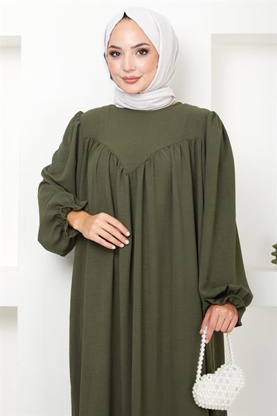 Büzgülü Robalı Elbise Haki HM2501