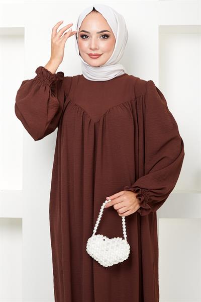 Büzgülü Robalı Elbise Kahverengi HM2501