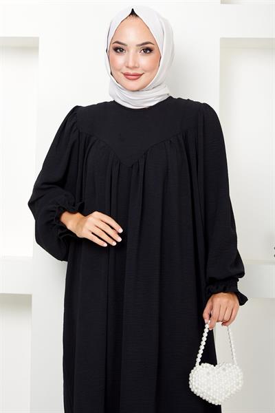Büzgülü Robalı Elbise Siyah HM2501